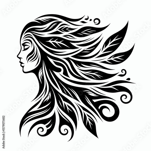 Tribal style illustration of woman with leaves in hair, black on white, symmetrical, sharp flowing lines, bold tribal design