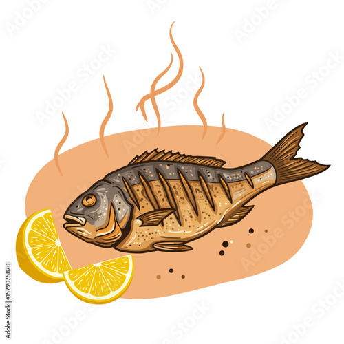 Grilled fish with lemon wedges and smoke accents, warm earthy tones, flat vector illustration, bold graphic style, culinary food art on white background
