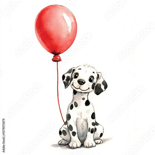 Joyful Dalmatian Puppy with Red Balloon Watercolor Illustration
