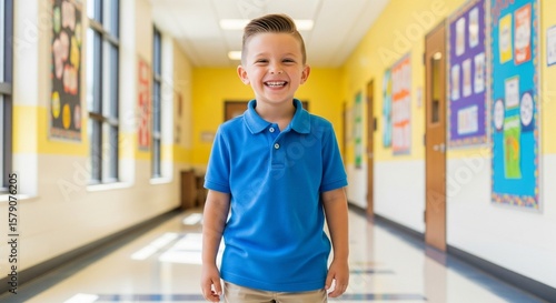 Cheerful Young Boy in Blue Polo Shirt Standing in a Bright School Hallway.