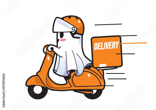 Dynamic ghost character riding a scooter delivering packages with a fun and cheerful design concept.