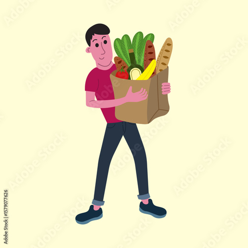 Man Holding Grocery Bag with Fresh Produce