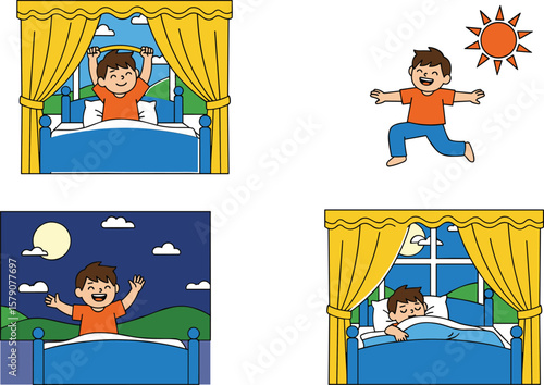 Happy Child's Daily Routine: Waking Up, Playing Outdoors, and Peaceful Sleep, Illustrating a Healthy and Joyful Childhood Journey"