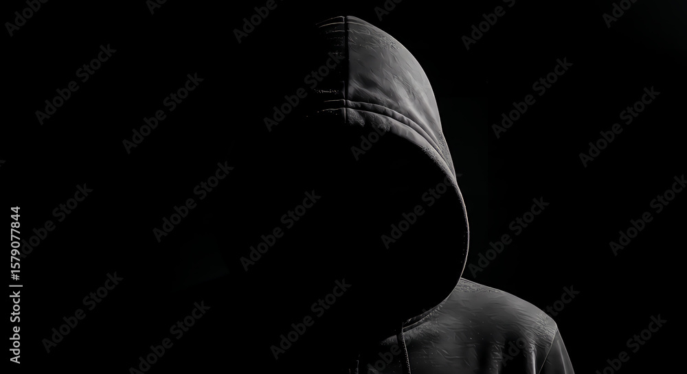 Fototapeta premium Person in a hoodie with face obscured by shadow, creating a mysterious and anonymous figure.