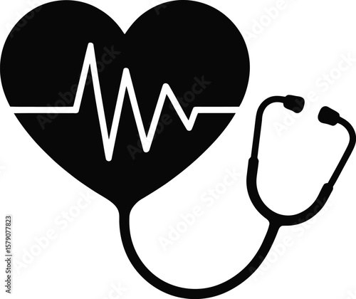 Heartbeat ekg and stethoscope medical symbol silhouette isolated on transparent background