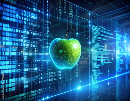 Futuristic holographic interface with glowing blue-green tones, cyberpunk style, juicy apple accents, digital code, and a sleek hyper-real tech interior on a dark background.