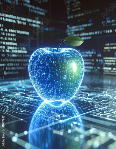 Futuristic holographic interface with glowing blue-green tones, cyberpunk style, juicy apple accents, digital code, and a sleek hyper-real tech interior on a dark background.