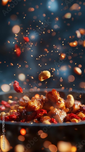 sizzling kung pao chicken tossed in wok with dried chilies and peanuts mid-air