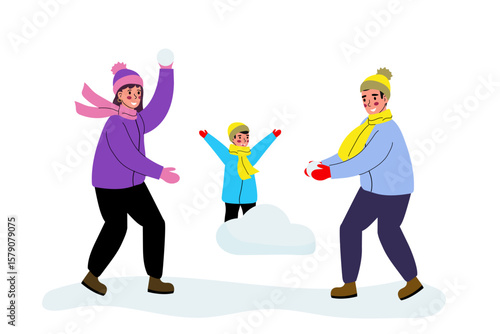 Family enjoys a fun snowball fight in winter, creating joyful memories in a snowy landscape