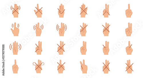 A collection of diverse hand gestures, illustrated as simple icons, showing various signals and symbols.