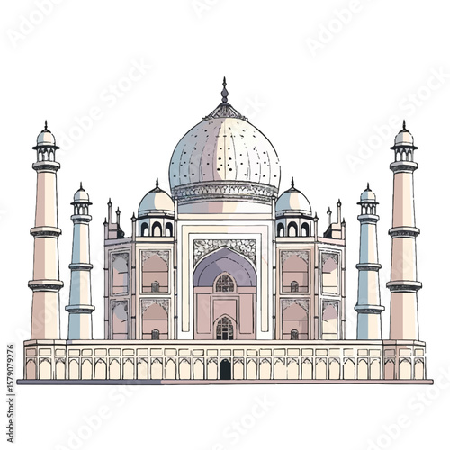 Hand Drawn Illustration of the Taj Mahal Iconic Indian Mausoleum
