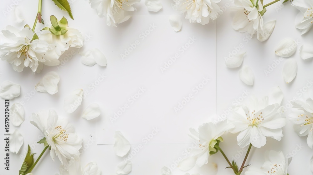 A circle of pure white flowers encircles a blank white sheet, weaving a stunning backdrop of ethereal beauty. Each bloom, with petals like snowflakes kissed by soft light, forms a seamless ring around A circle of pure white flowers encircles a blank white sheet, weaving a stunning backdrop of ethereal beauty. Each bloom, with petals like snowflakes kissed by soft light, forms a seamless ring around