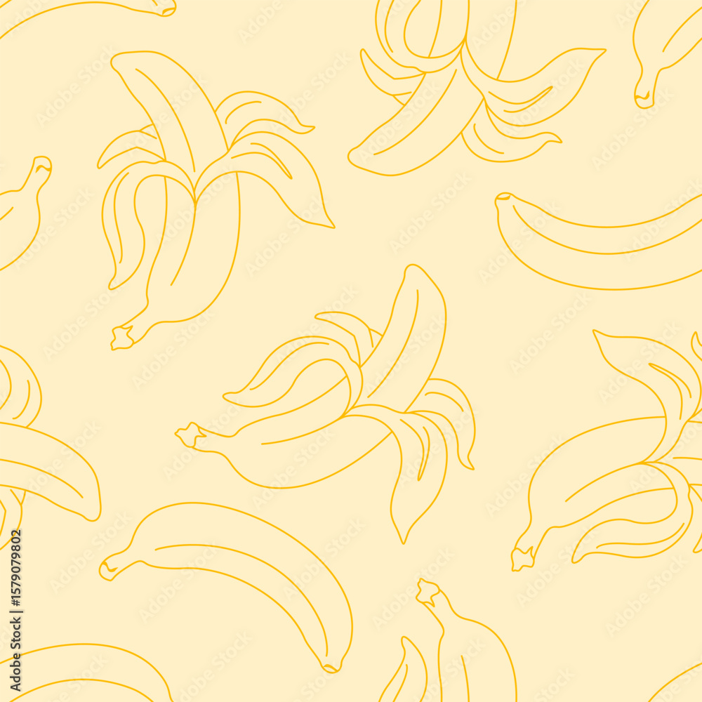 Fototapeta premium Bananas seamless pattern. Tropical fruit background. Vector outline illustration. Peeled banana and whole.