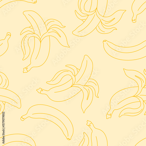 Bananas seamless pattern. Tropical fruit background. Vector outline illustration. Peeled banana and whole.