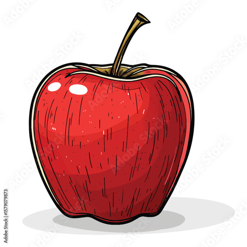 Hand Drawn Red Apple with Detailed Texture and Stem