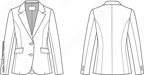 Women’s two-button blazer flat sketch, front and back view, tailored coat, vector fashion drawing, formal wear design illustration