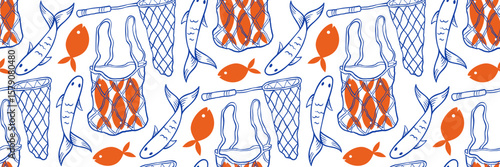 Trendy Marine doodle pattern with net bag, sardines and fishnet. Combination of blue doodle and orange flat illustration. Great for fashion print, packaging and branding. Vector outline illustration.