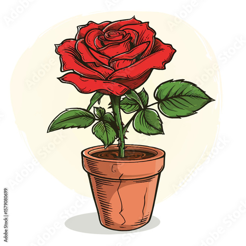 Handdrawn Red Rose in a Terracotta Pot with Thorns and Green Leaves