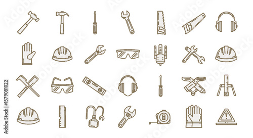 A collection of construction and repair tools icons, including hammers, wrenches, safety glasses, and hard hats, arranged in rows.