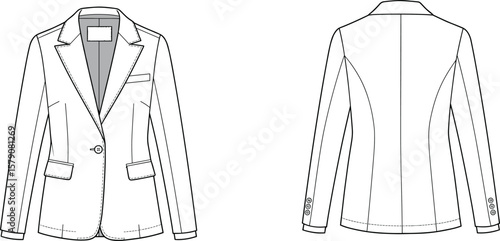Women’s blazer jacket flat sketch, front and back view, tailored coat vector illustration, fashion technical drawing, formal outfit design