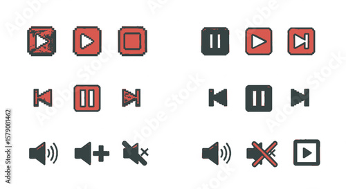 A collection of various multimedia player icons, including play, pause, stop, volume, and skip controls.