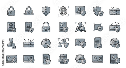 Collection of grayscale security icons, depicting various protection methods and digital identities.