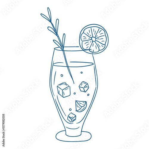 Refreshing herbal drink garnished with lime and ice served in a tall glass on a sunny day