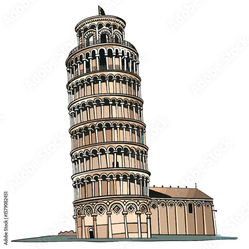 Illustrated Leaning Tower of Pisa with Adjacent Building