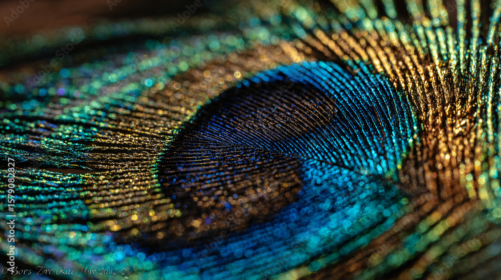 Obraz premium Extreme macro of a peacock feather eye with vibrant iridescent blue and gold tones