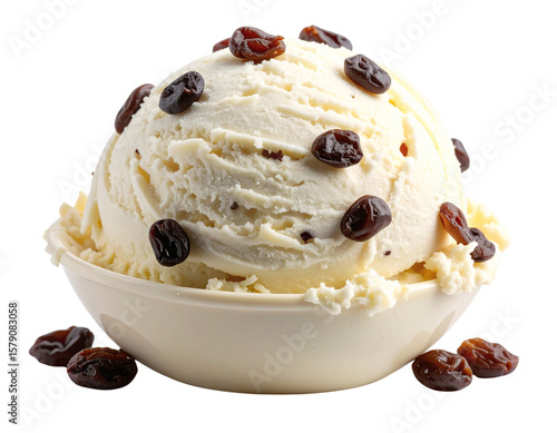 Single scoop of creamy rum raisin ice cream with visible raisins, front view isolated on transparent background PNG