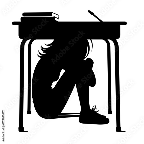 Girl hiding under school desk silhouette — Symbol of fear, bullying, and emotional trauma