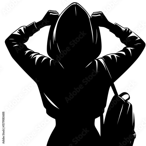 Teen girl in hoodie silhouette adjusting hood — Symbol of bullying protection and isolation