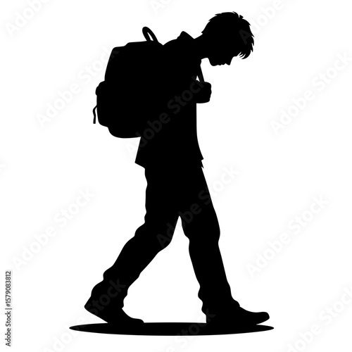 Sad schoolboy walking silhouette with backpack — Symbol of bullying victim and loneliness