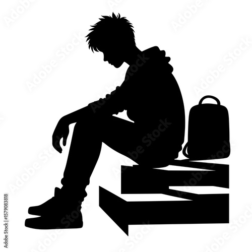 Teen boy sitting on stairs silhouette — Symbol of loneliness and school bullying victim