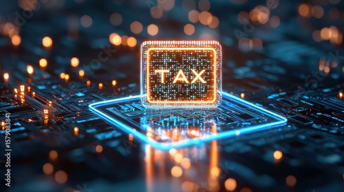 Economy block tax concept. Futuristic digital representation of taxation on a circuit board with glowing elements.