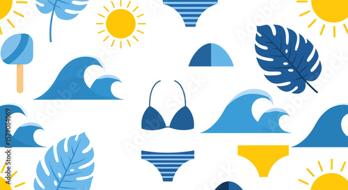 Summer themed pattern with waves sun swimwear leaves and popsicle.