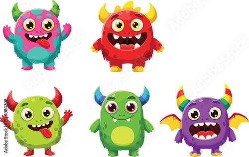 Set of colorful cartoon monsters with funny expressions, cute horns, fantasy design for kids, vector illustration, isolated on white background