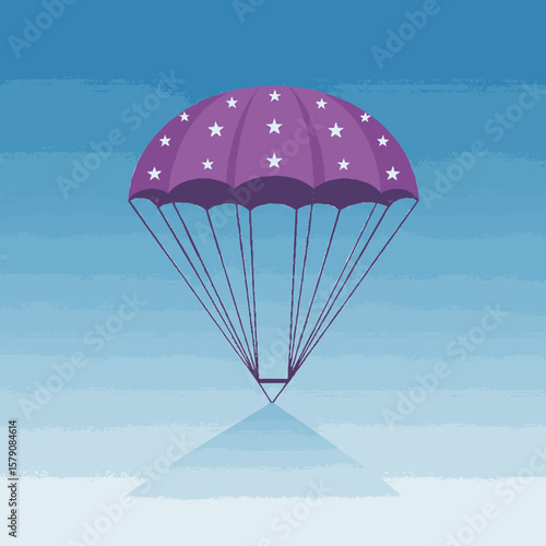 Purple star-patterned parachute descending through a serene sky, reflecting on a calm surface below.