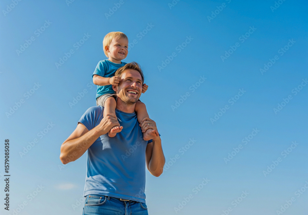 Fototapeta premium Happy Father and Son Playing on Shoulders Outdoors – Parenthood, Childhood Joy & Family Bonding