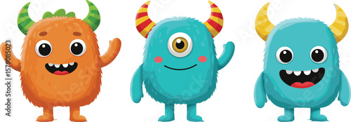 Cute furry cartoon monsters smiling, colorful one-eyed and two-eyed creatures, fantasy character design for kids, games, animation, and illustration use