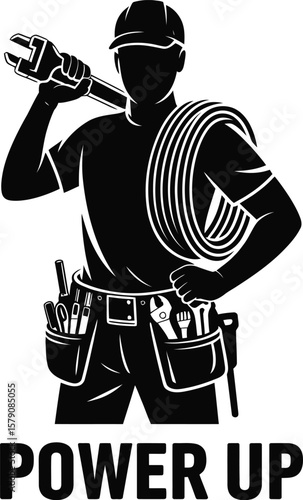 Skilled tradesman silhouette with tools and coiled wire isolated on transparent background silhouette