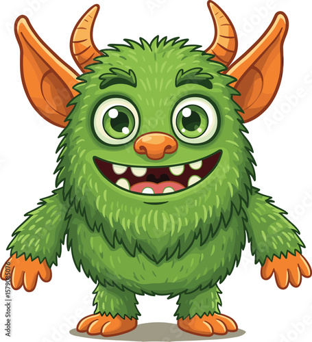 Cute green cartoon monster with big horns, furry body, happy smile, wide eyes, orange ears, funny character, kids illustration