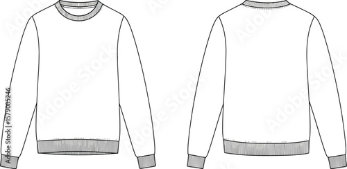 Crewneck sweatshirt technical flat sketch, front and back view, fashion template, ribbed cuffs and hem, unisex casual wear vector