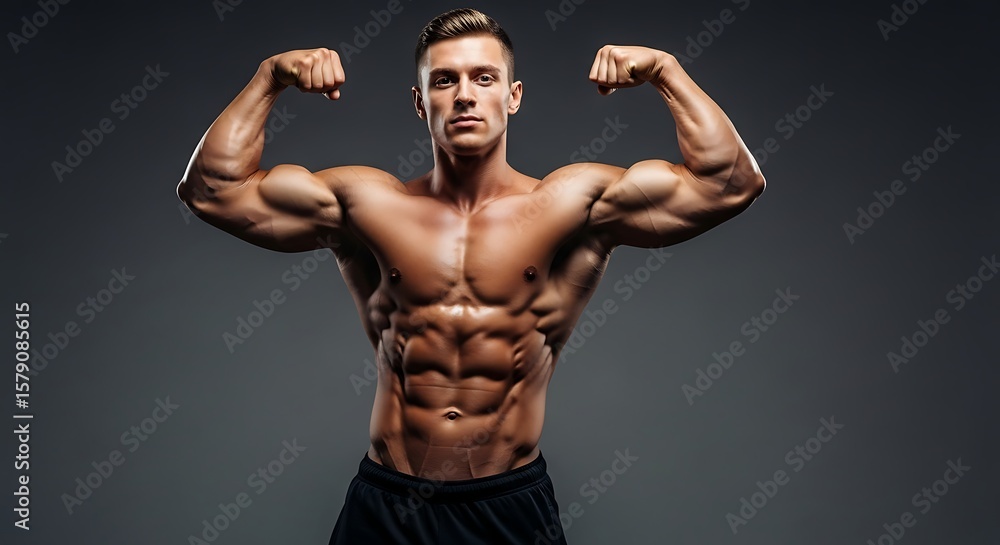 Obraz premium Muscular man flexing his biceps and showing his abdominal muscles against a dark gray background.