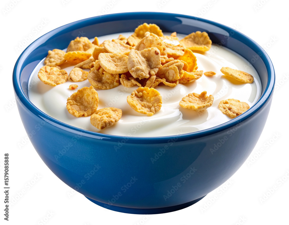 Blue ceramic bowl with creamy yogurt and cereal flakes, front view isolated on transparent background PNG Blue ceramic bowl with creamy yogurt and cereal flakes, front view isolated on transparent background PNG