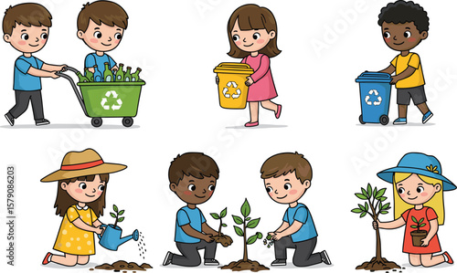 Cartoon children recycling, planting trees, watering plants, protecting environment, eco-friendly kids helping earth, save nature, go green illustration, teamwork