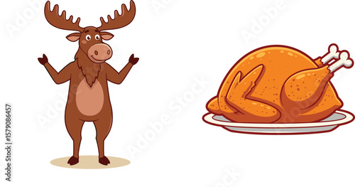 Funny cartoon moose confused by roast turkey, humorous animal character illustration, Thanksgiving dinner joke, vector design for festive holiday themes