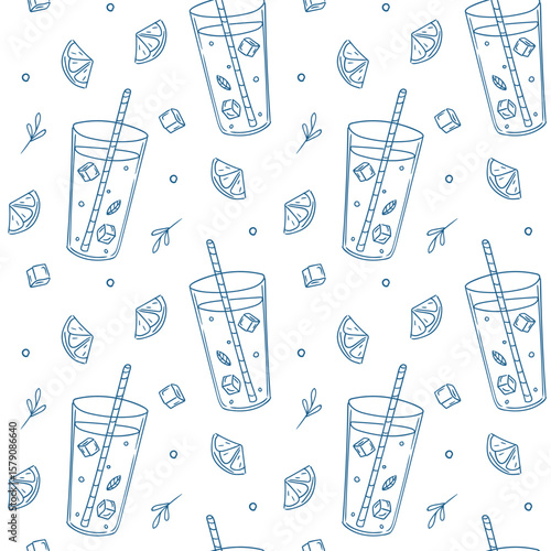 Refreshing beverage pattern featuring glasses with ice, lemon slices, and straws in a lively design