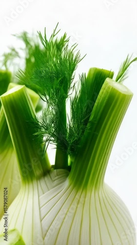 Fresh fennel bulbs with green stalks and feathery fronds against a white background, culinary ingredient closeup.
