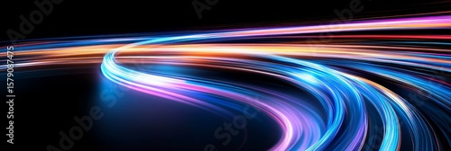 Abstract Light Trails Swirl - Dynamic colorful light trails creating a swirling abstract pattern on a black background. Perfect for technology, speed, and energy concepts